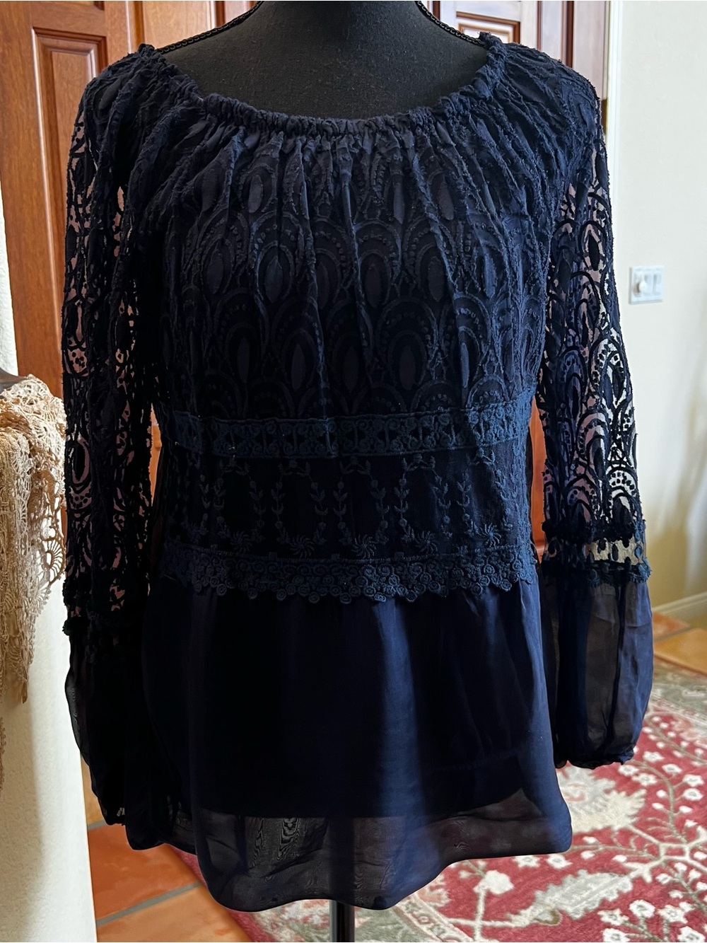 Lola Silk Blend Lace Off the Shoulder Top Bubble Hem Romantic Made in Italy PS